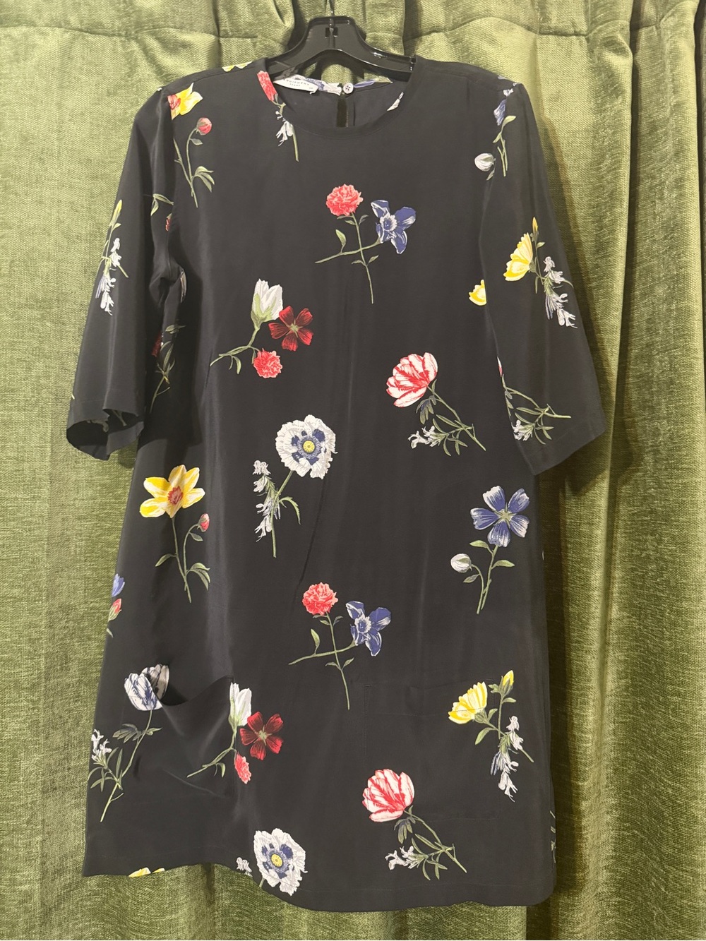 Equipment Black Floral Shift Dress with Multicolor Blooms & Pockets